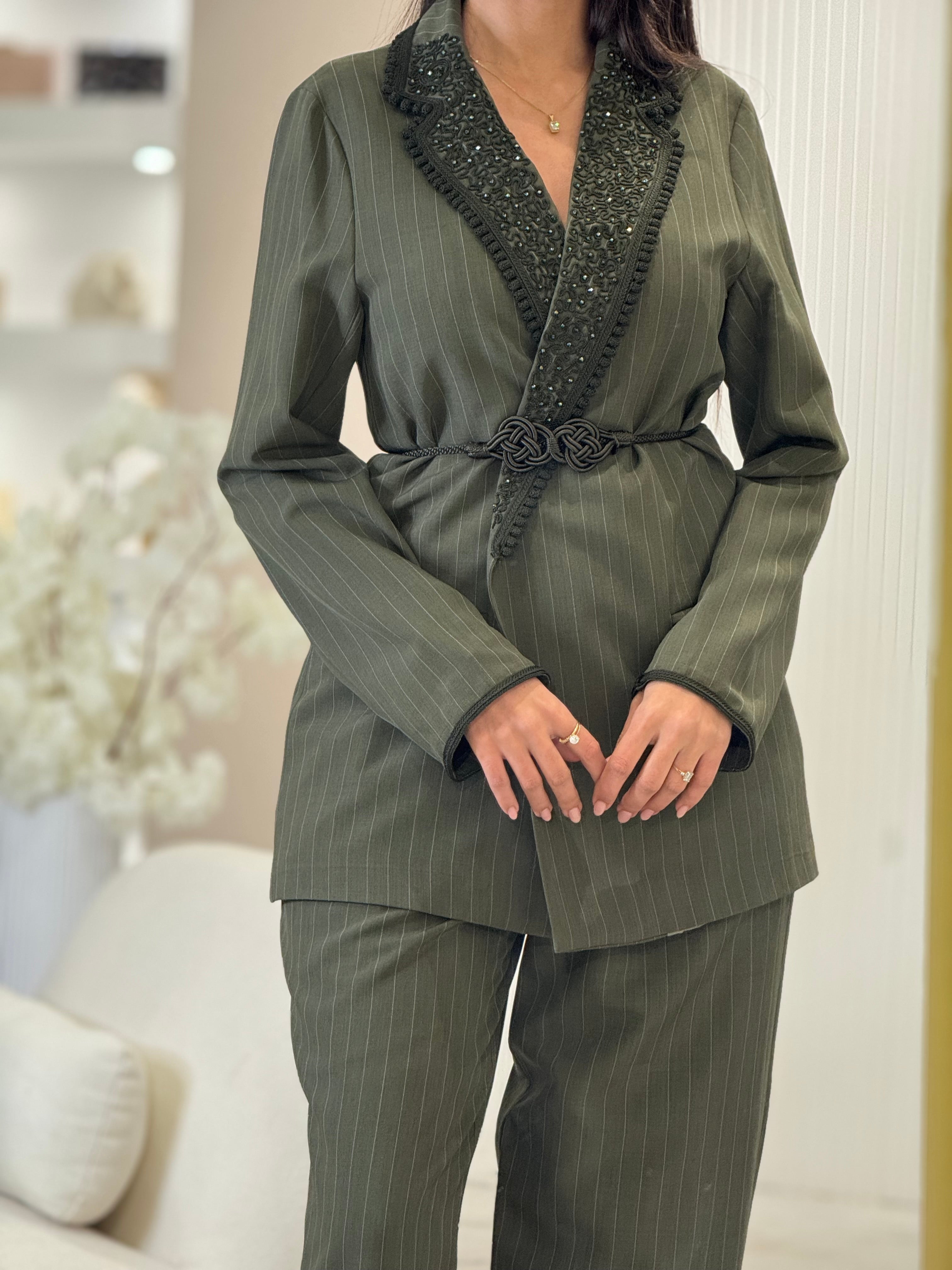 Green Striped Blazer Set